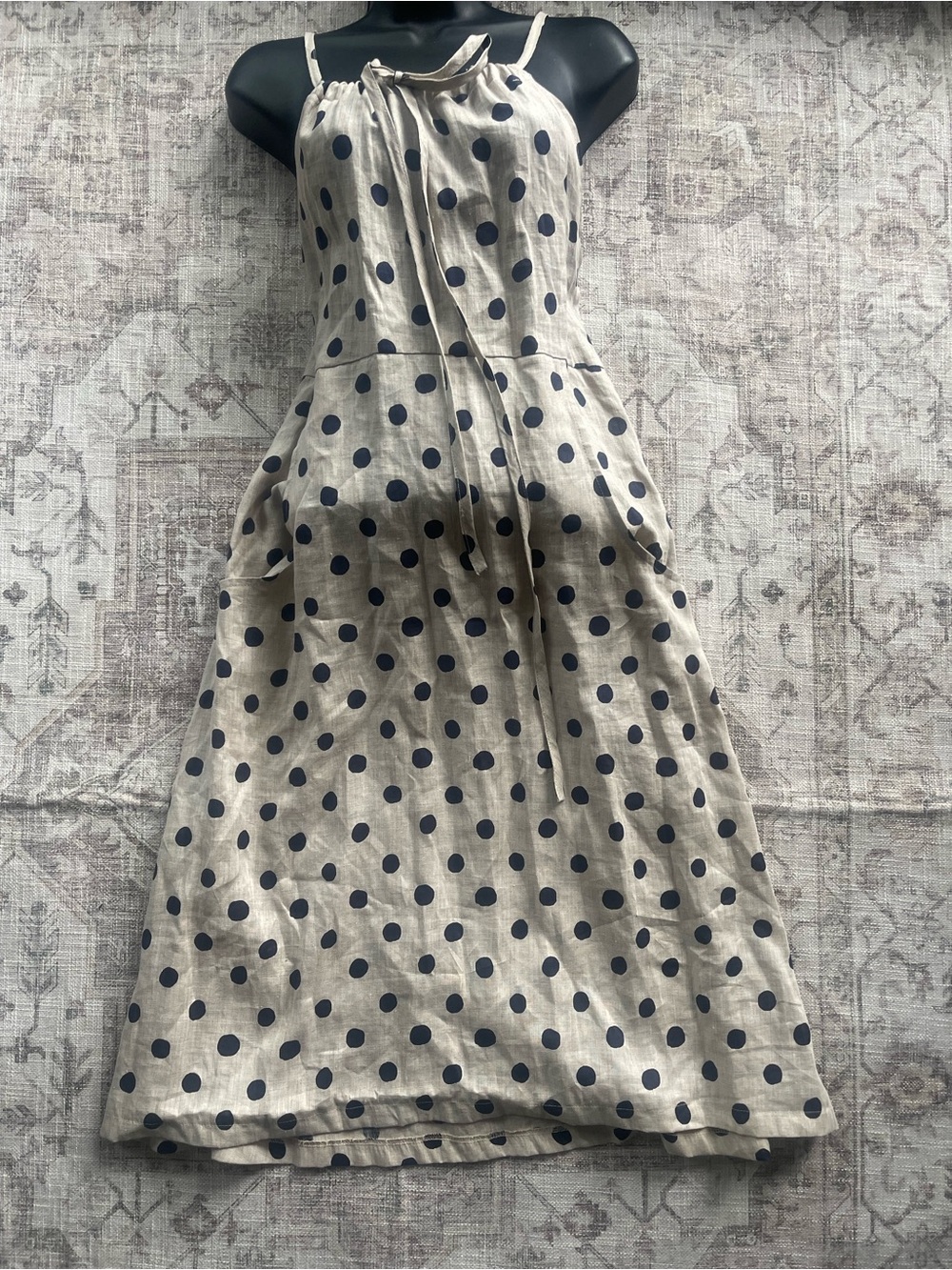 Allison Wonderland Boho Coquette Beige Linen Polka Dot Maxi Dress